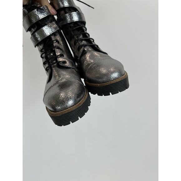 Shellys London Bootie 39 Silver Metallic Distressed Leather‎ Combat Boots Womens - Picture 6 of 11